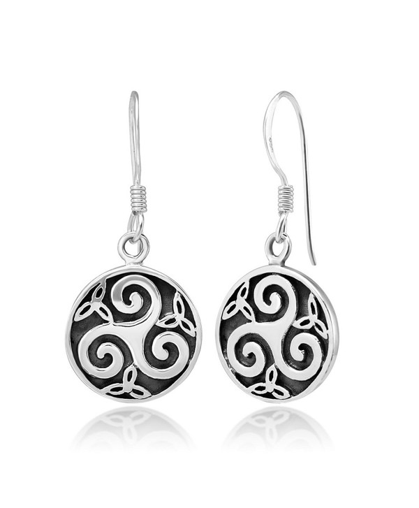 925 Stelring Silver Round Trinity Triskelion Wheel Celtic Knot Symbol Dangle Hook Earrings 1.2" - CR1234YGRZR