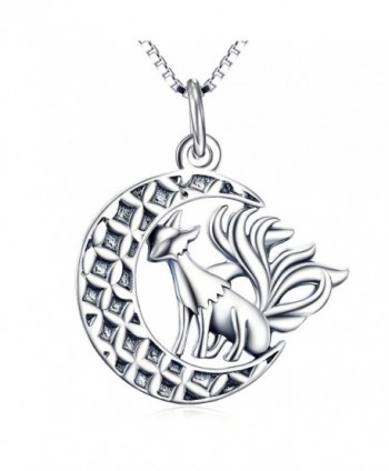 Angel caller 925 Sterling Silver Fox Moon Pendant Necklace with 18" Box Chain - CK12KMDM7J3