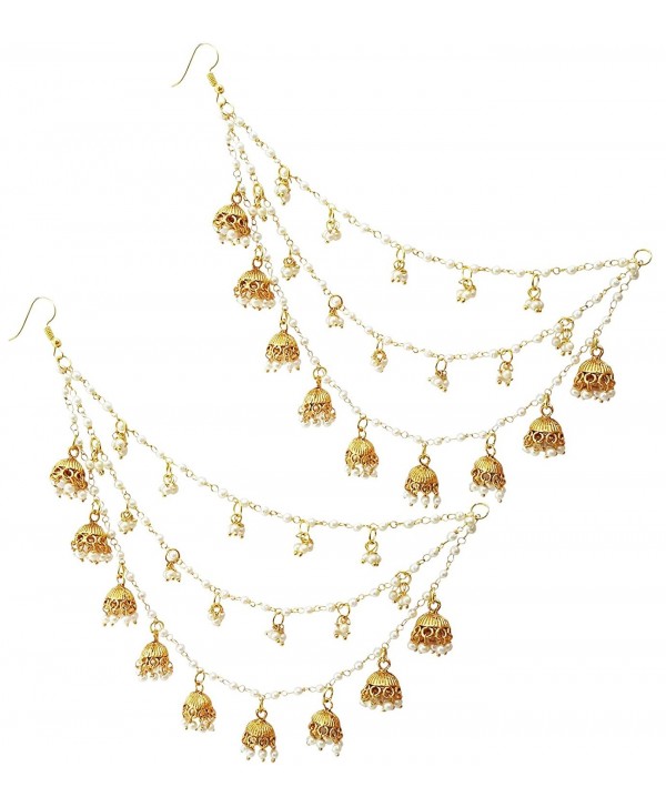 Mehrunnisa Rajwada Triple Layer Pearls Kan Chain With Nine Jhumkis Ear To Hair Accessory (JWL1954) - CW1864D3Q6W