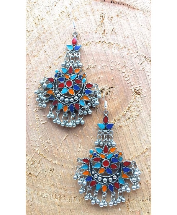Satyam Kraft Women's Oxidized Ethnic Fusion Chandbali Earrings With Hanging Earrings Gift Standard Silver - CN1870HMORA