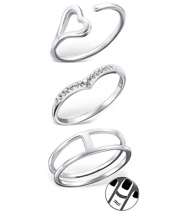 925 Sterling Silver set of 3 Heart- Pointed Crystal- Double Open Above Knuckle Ring Mid Finger Top - CW17YZSO55G