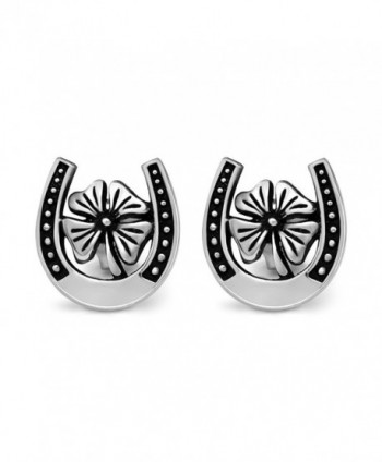 925 Sterling Silver 11 mm Lucky Horse shoe with Four Leaf Clover Post Stud Earrings - CA11WYKVMK3