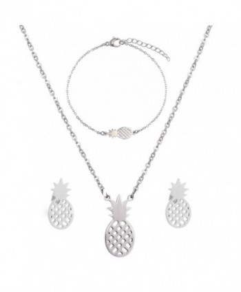 SKQIR Womens Stainless Steel Pineapple Jewelry Sets (Earrings+Bracelets+Necklaces Jewelry Set) - Silver Set - CT185QRQ38N