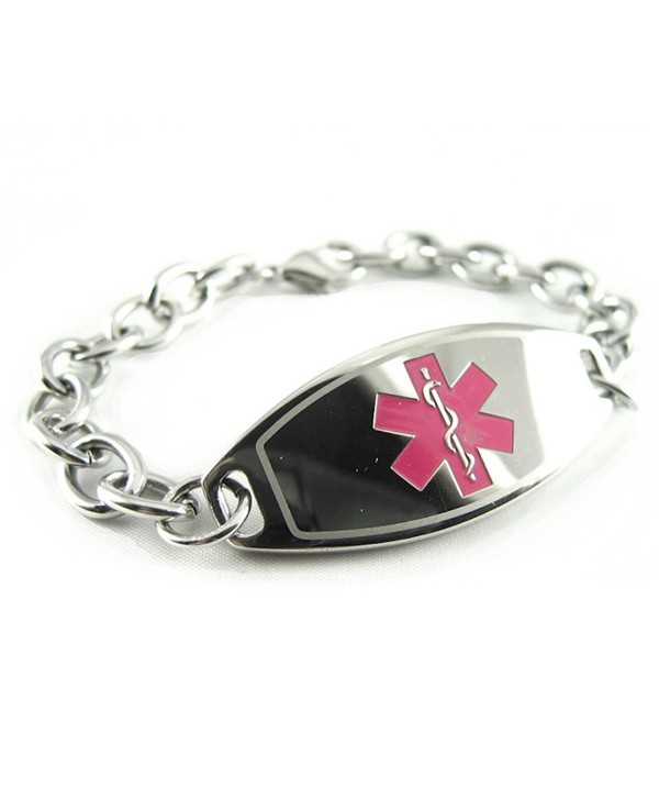 MyIDDr - Womens Steel Medical ID Bracelet- Pink Symbol- O-LINK Chain - Free ID Card - CQ116JZGC9P